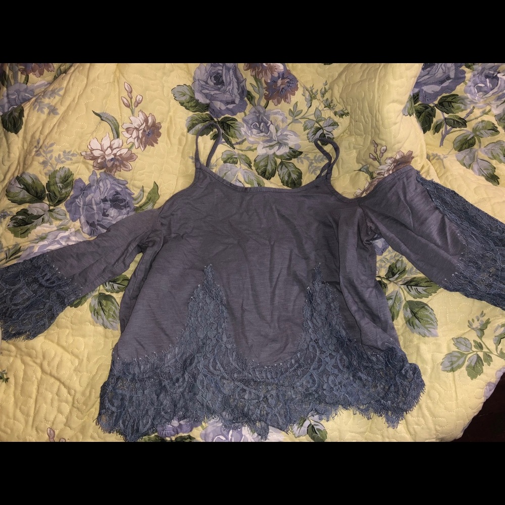 TOPSHOP Light Blue Lace Trimmed Blouse